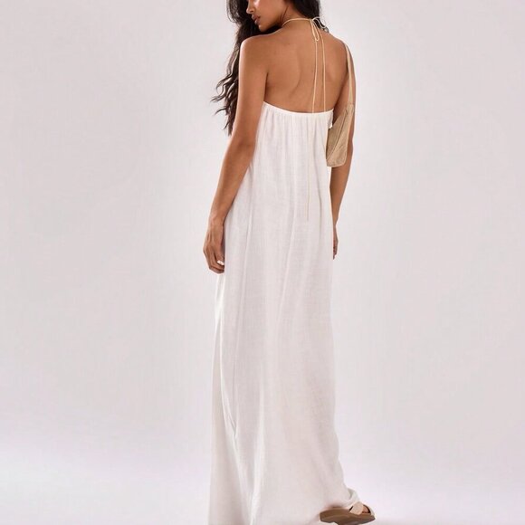 White Casual Women's Bandeau Loose Fit Pleated Maxi Dress Vacation - Picture 2 of 5